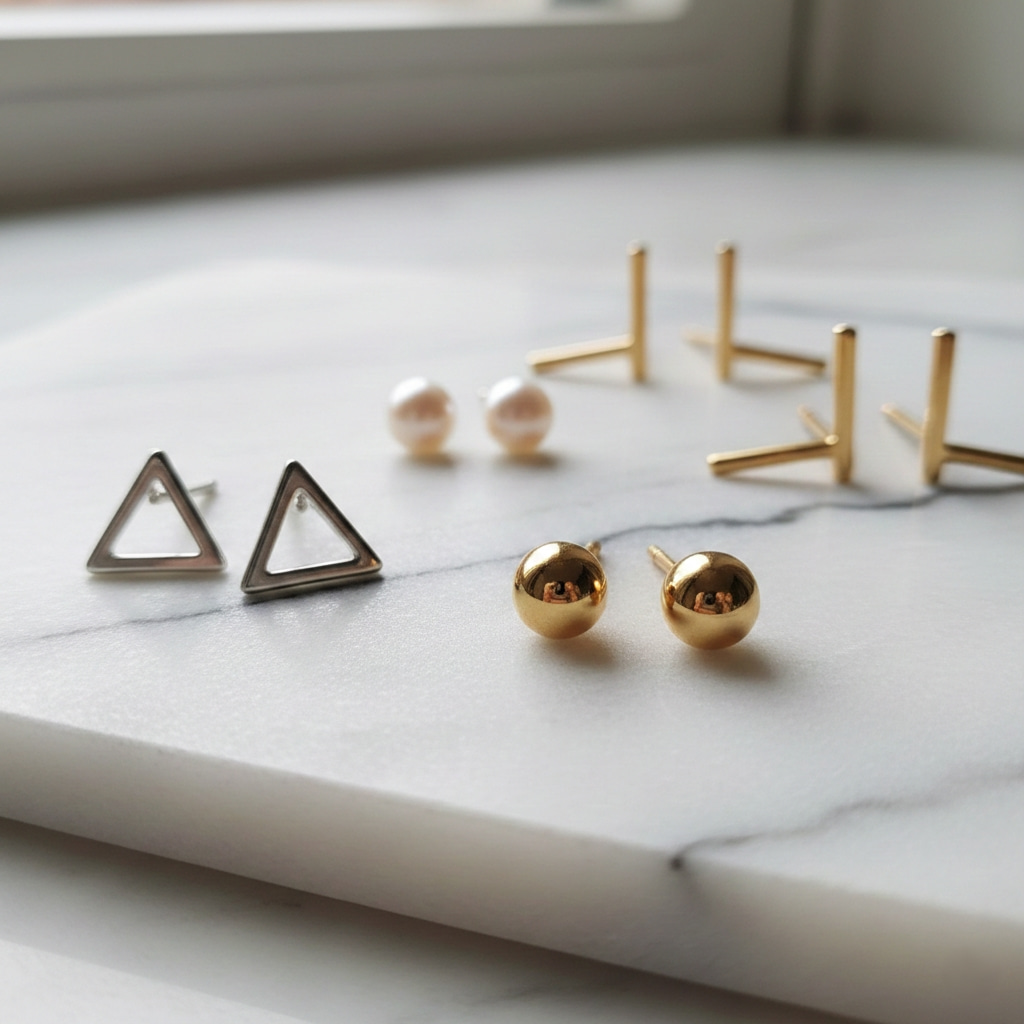 Minimalist stud earrings collection showing gold ball studs and geometric designs for everyday wear
