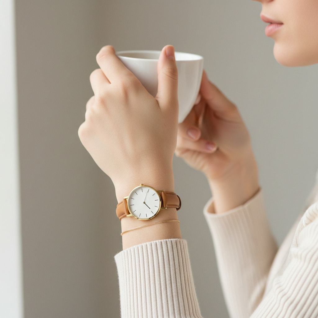 Minimalist watch with simple design paired with minimal jewelry for women daily wear essentials