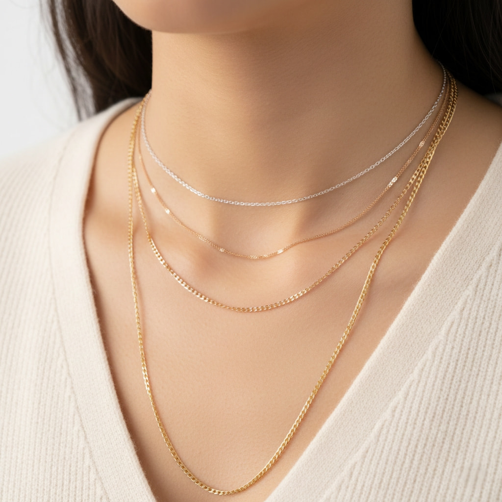 Mixed metal necklace layering with gold, silver and rose gold chains