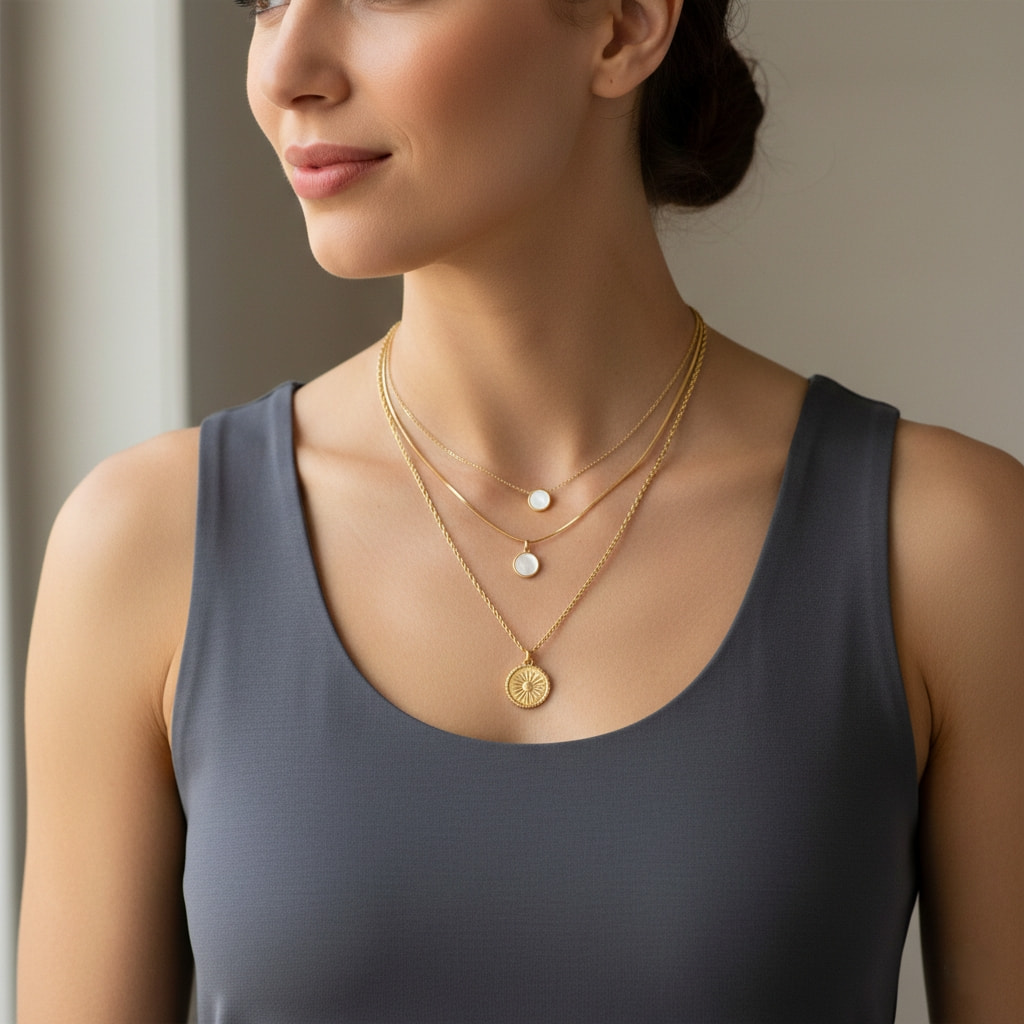 Balanced pendant placement in layered necklaces showing small and large charms