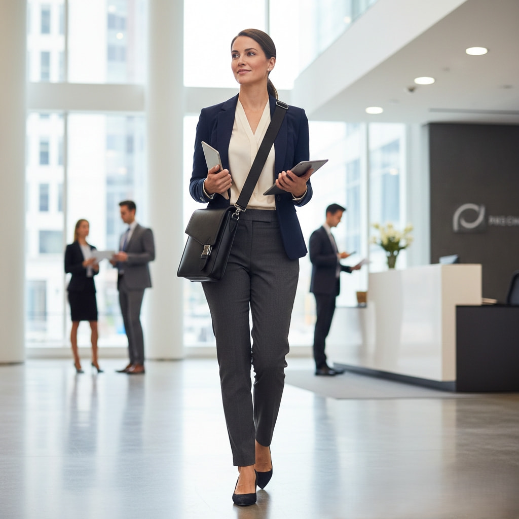Professional woman wearing black leather sling bag with business casual office outfit