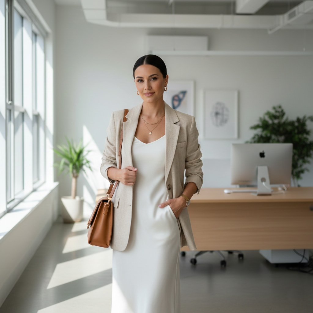 Professional office outfit for Australian summer with linen blazer and slip dress