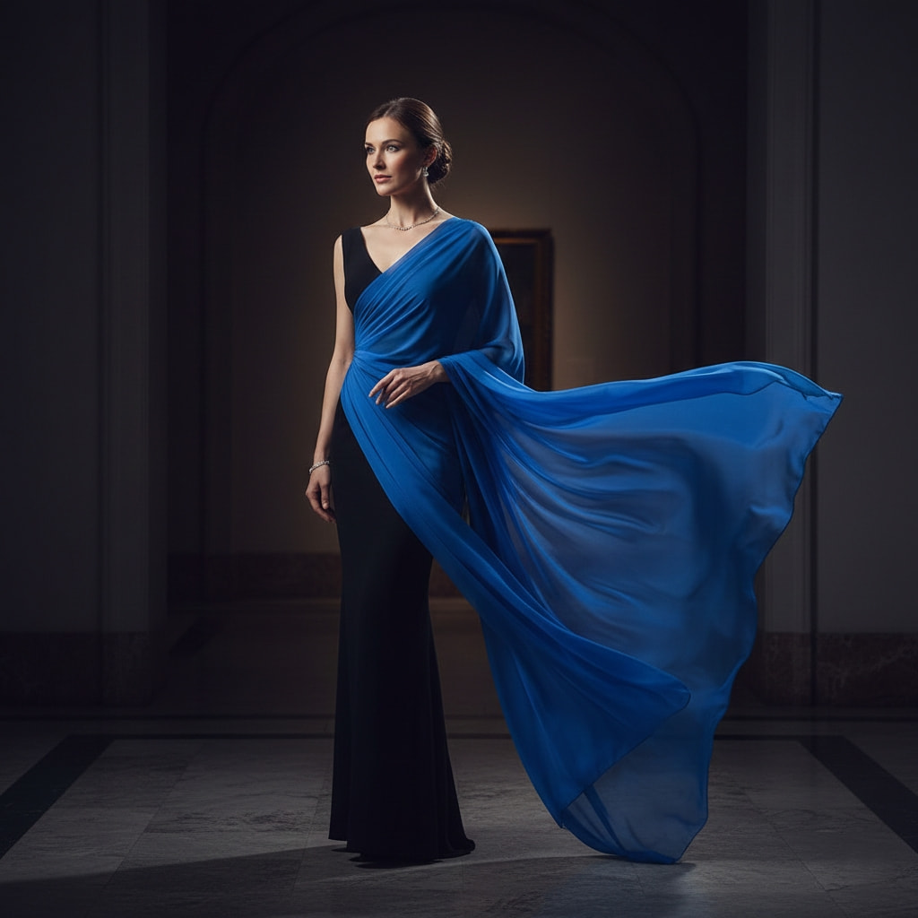 Asymmetrical one shoulder scarf draping for evening wear showing how to style scarves for effortlessly luxurious look