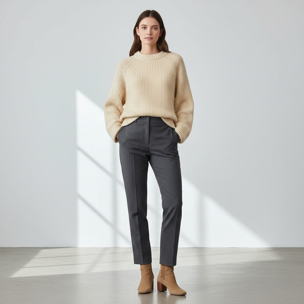 Oversized sweater with fitted high-waisted pants showing balanced proportions in simple outfit styling