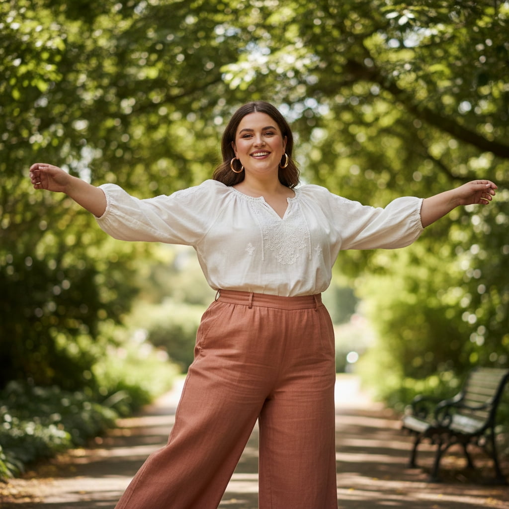 Plus size summer palazzo pants blouse outfit for Australian women – wide-leg flowy style flattering curves in humid weather.