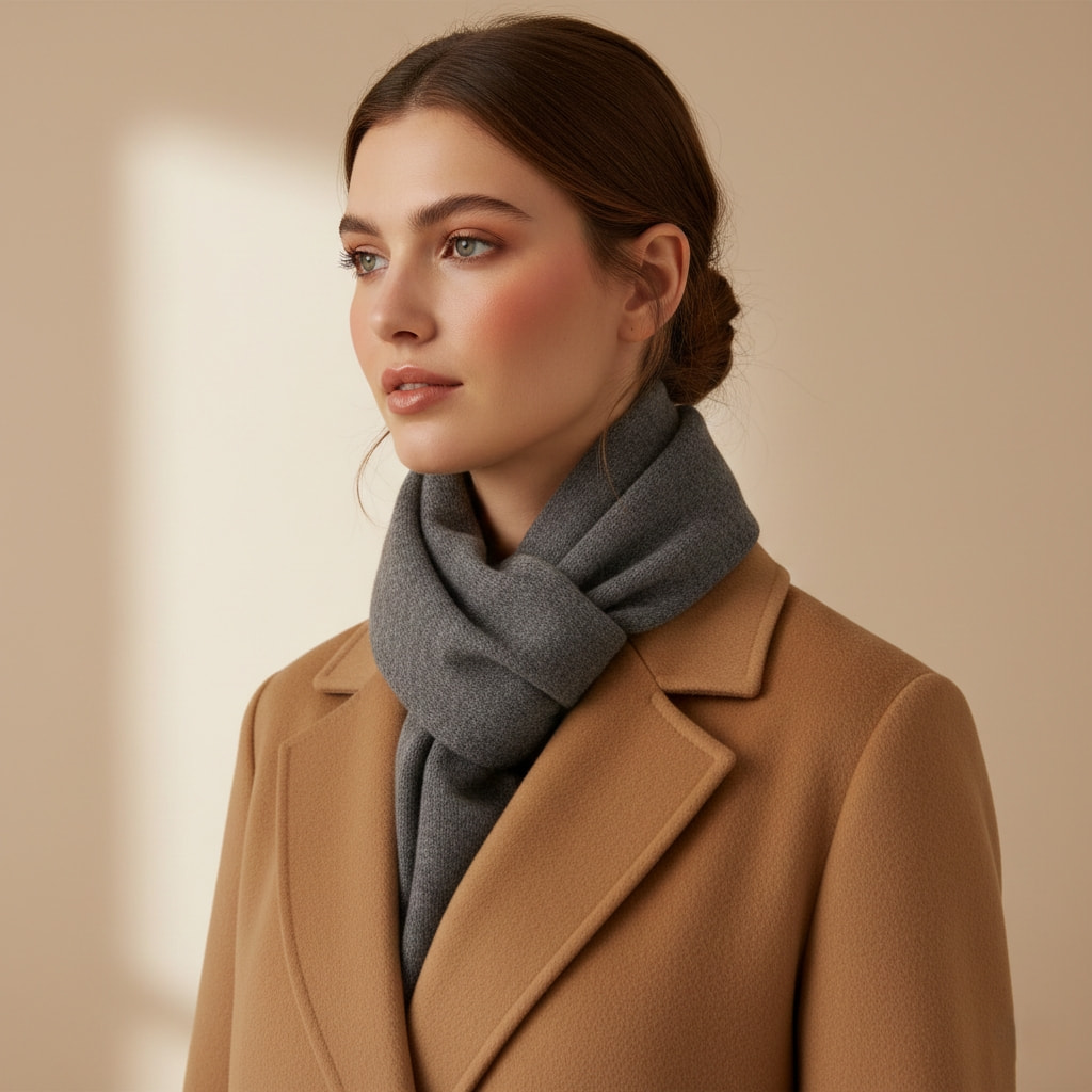 Woman wearing classic Parisian loop scarf style demonstrating timeless way to wear scarves elegantly