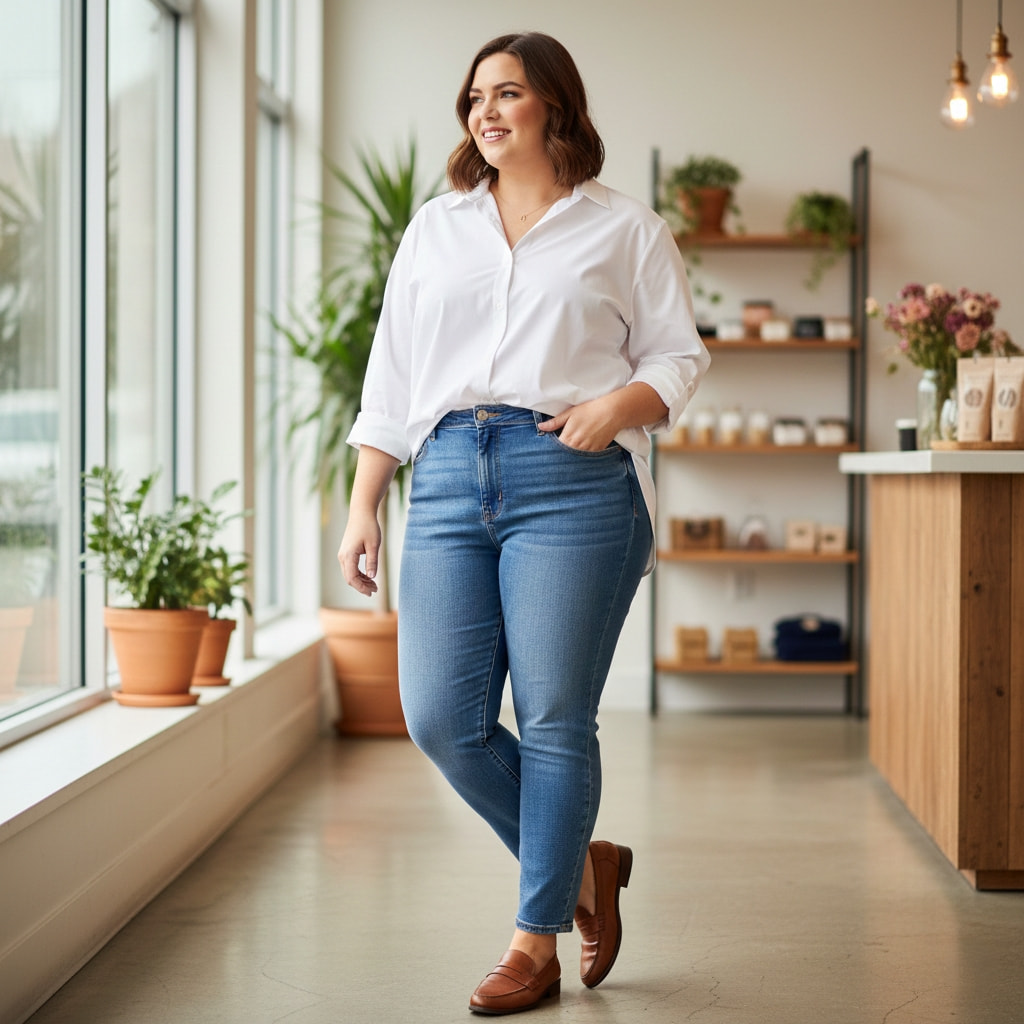 Plus size woman in white button-down shirt and high-waisted jeans - polished casual outfit