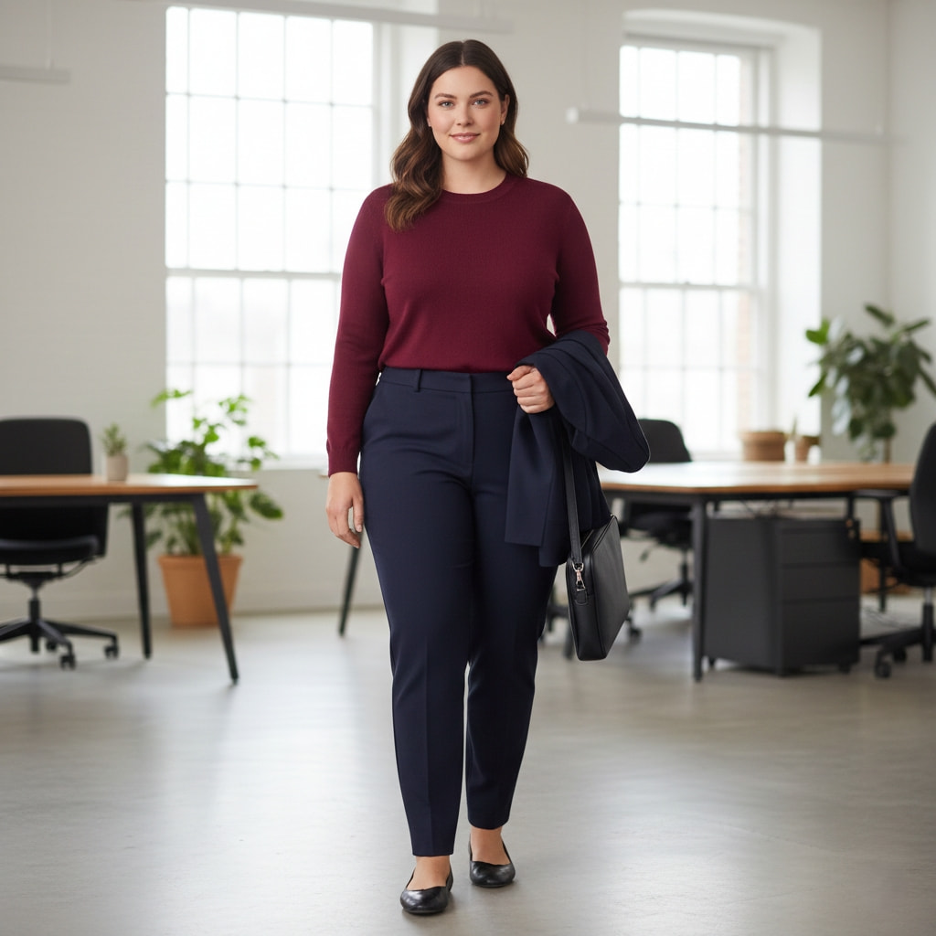 Plus size casual Friday outfit with ponte pants and structured sweater - office wear
