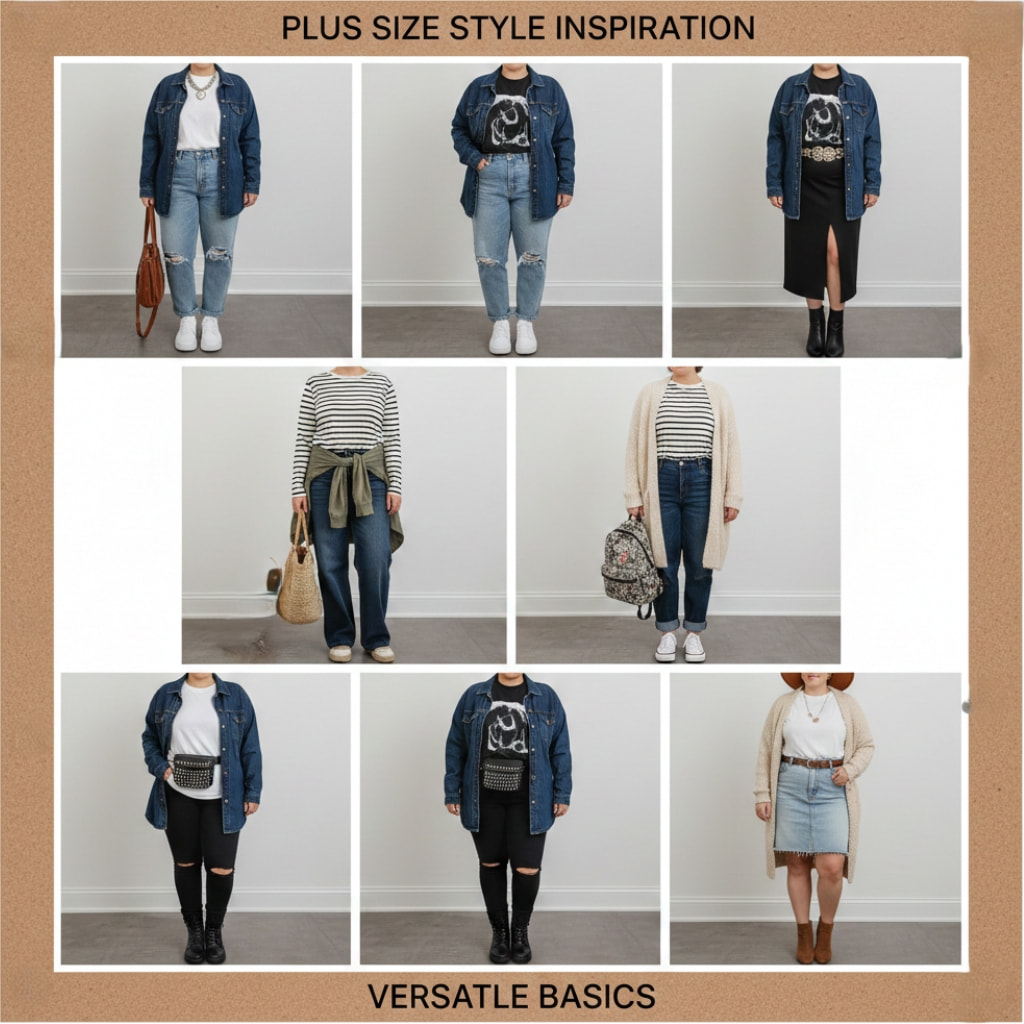 Multiple plus size casual outfit ideas showing versatile styling - mix and match guide