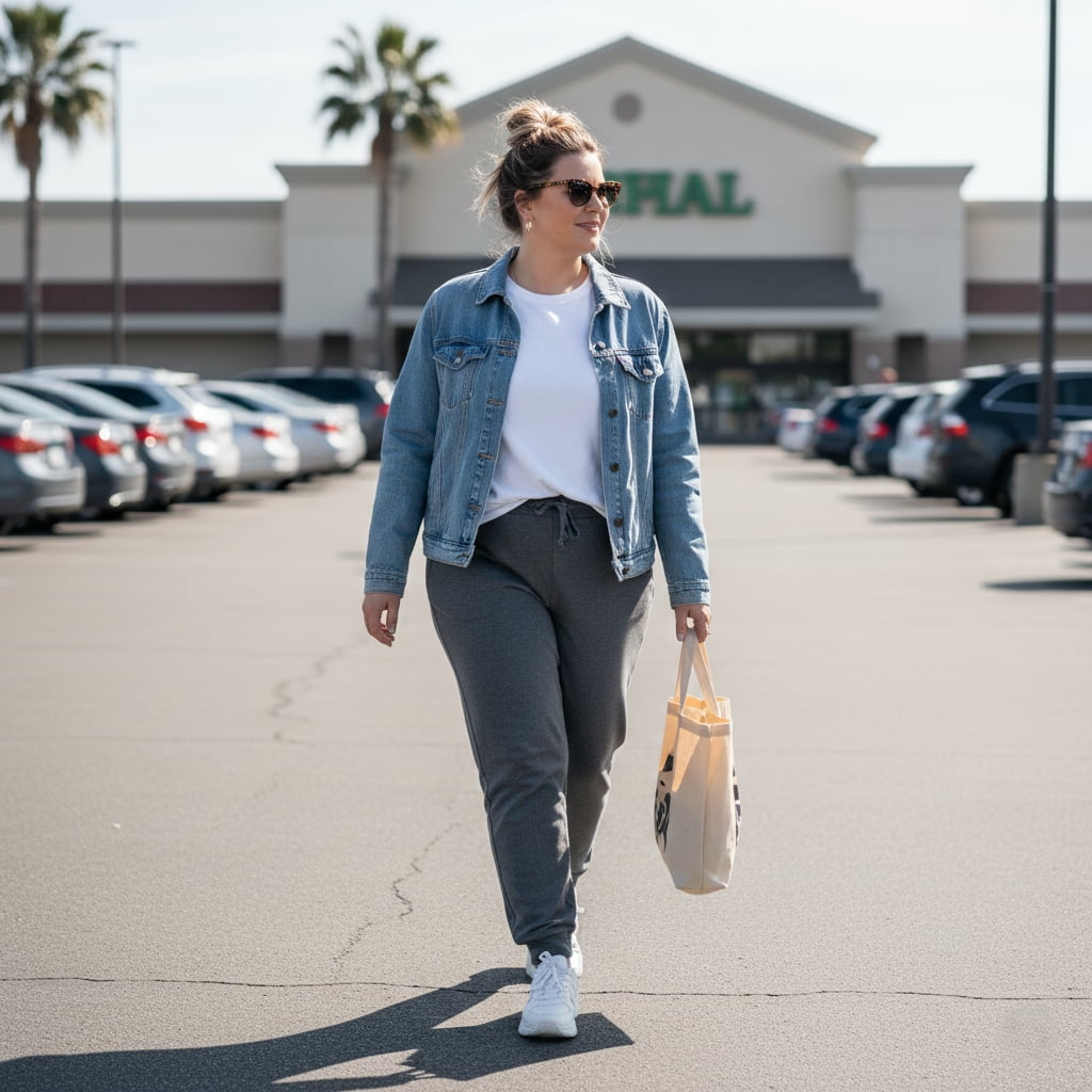 Comfortable plus size outfit for running errands - joggers and sneakers casual style