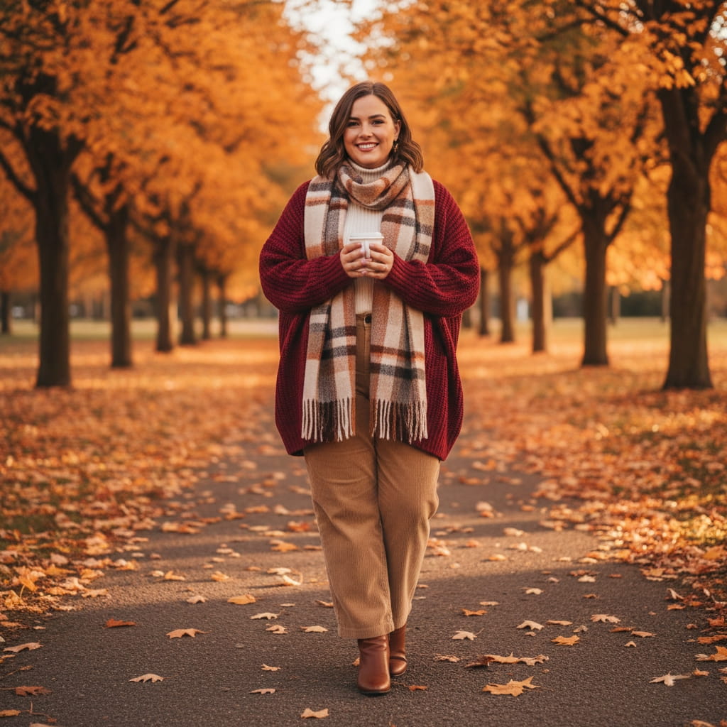 Cozy plus size fall outfit with corduroy pants and chunky cardigan - layered autumn style