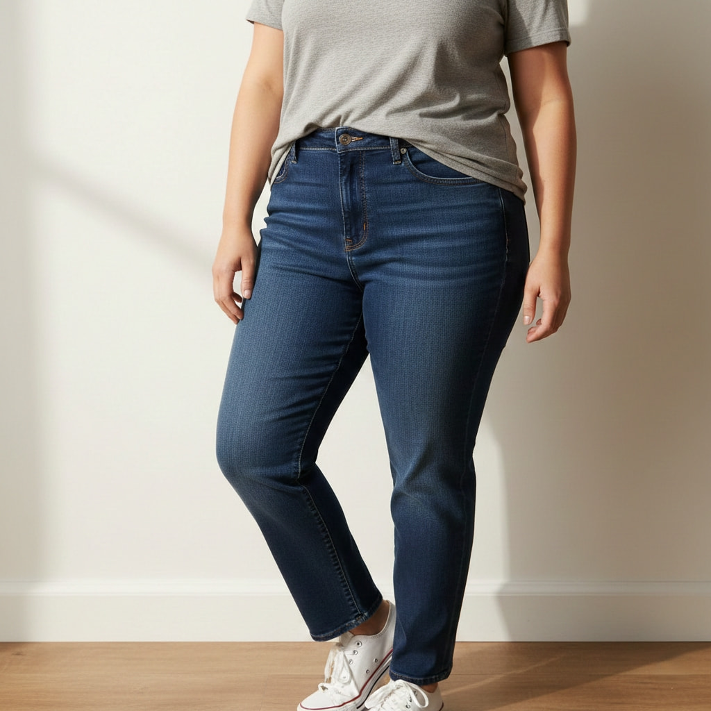 Plus size casual outfit with dark wash jeans and tucked gray tee - classic styling idea
