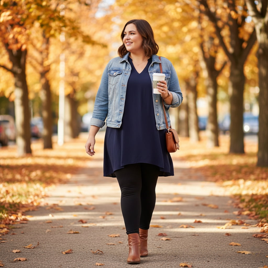 Comfortable plus size outfit with black leggings and flowy tunic top with denim jacket