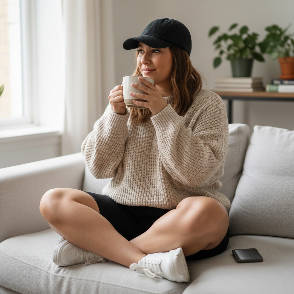 Cozy plus size casual outfit with oversized sweater and black biker shorts - loungewear style