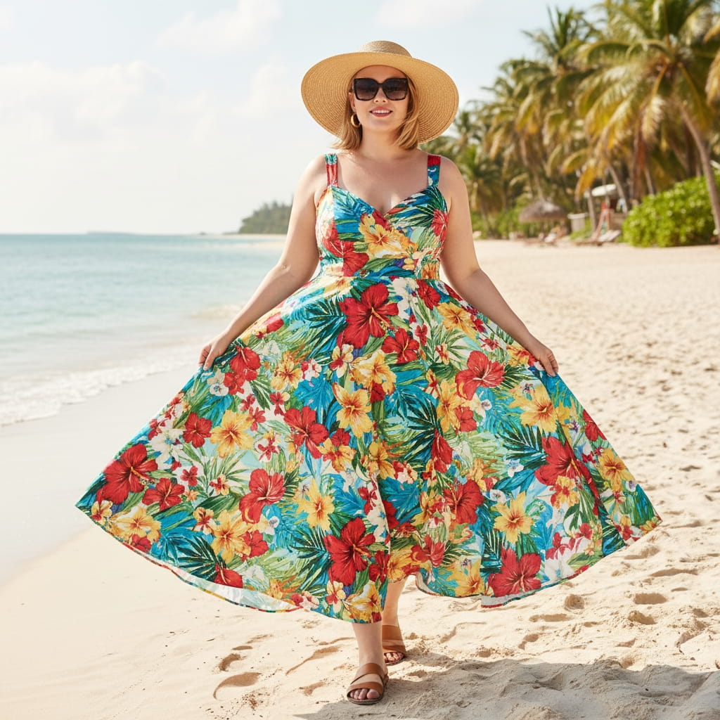 Plus size summer casual outfit with floral maxi dress and straw hat - warm weather style