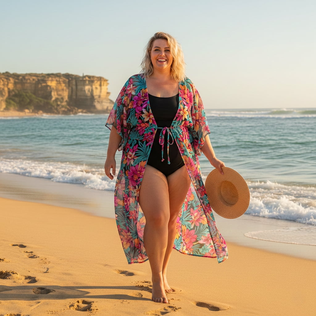 Plus size woman in flowy kaftan swimsuit cover-up on Australian beach – breezy summer outfit idea for curvy women in Aussie heat