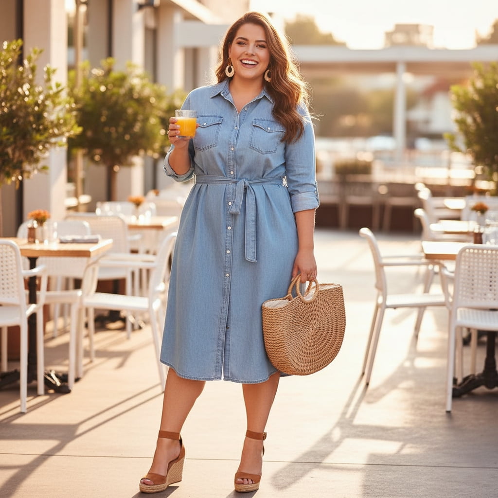 Plus size woman in denim shirt dress for weekend brunch - casual dress outfit idea