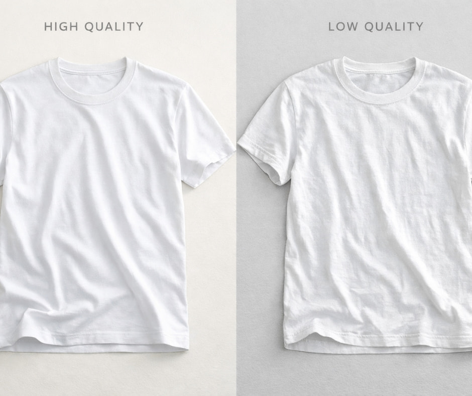 Quality basic clothing comparison showing premium versus budget tees and their fabric difference
