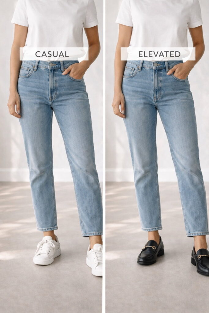 Outfit comparison showing how quality boots and shoes elevate basic jeans and tee combination