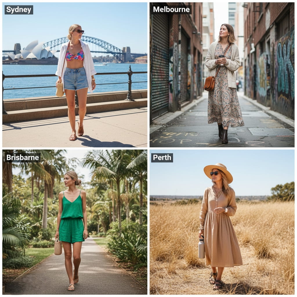 Regional Australian summer fashion guide comparing Sydney, Melbourne, Brisbane and Perth styles