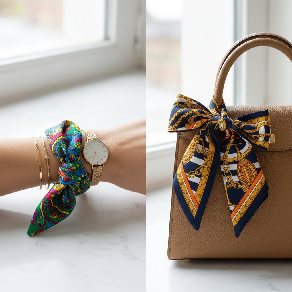 Creative scarf styling as wrist accessory and bag accent showing one scarf multiple stylish ways to wear it