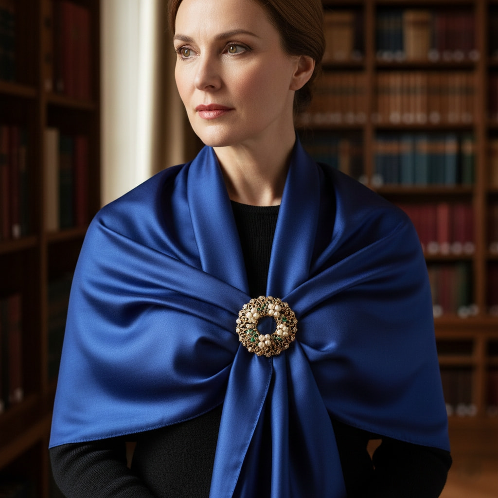 Sophisticated shawl pin scarf draping showing structured elegant ways to wear scarves for formal events