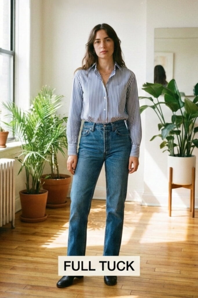 Three shirt tucking techniques showing full tuck styles to elevate simple outfits