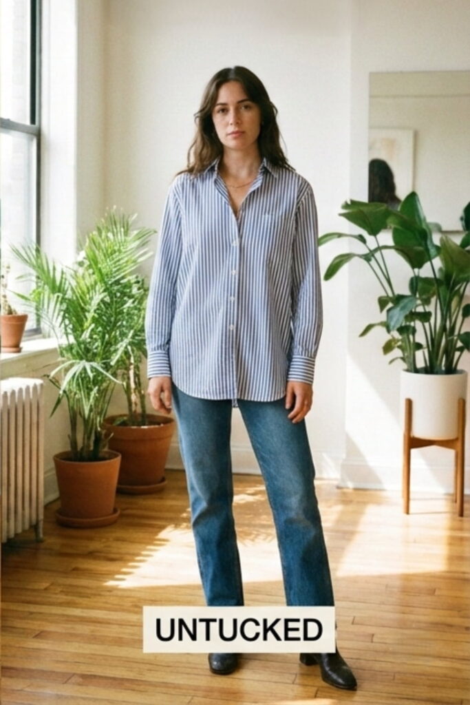 Three shirt tucking techniques showing untucked styles to elevate simple outfits