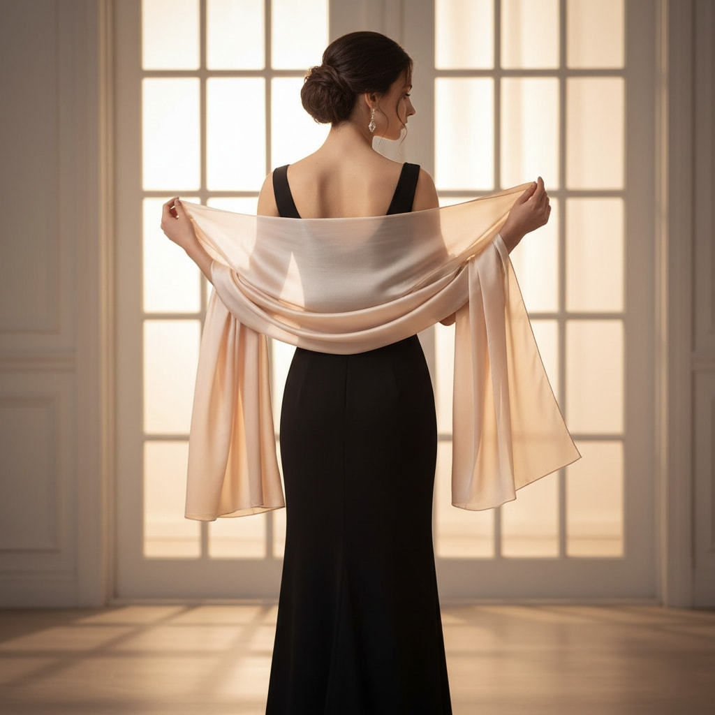 Elegant shoulder wrap scarf styling technique showing effortless ways to wear a scarf for dressy occasions