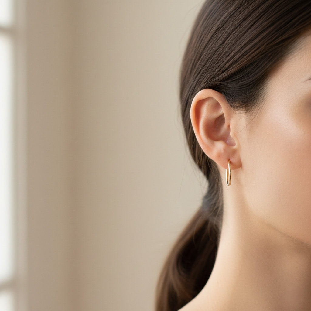 Small minimalist hoop earrings for daily wear showing delicate gold hoops on woman's ear