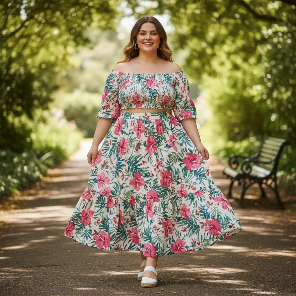Smocked Bardot Top and Midi Skirt. Floral prints scream summer romance.