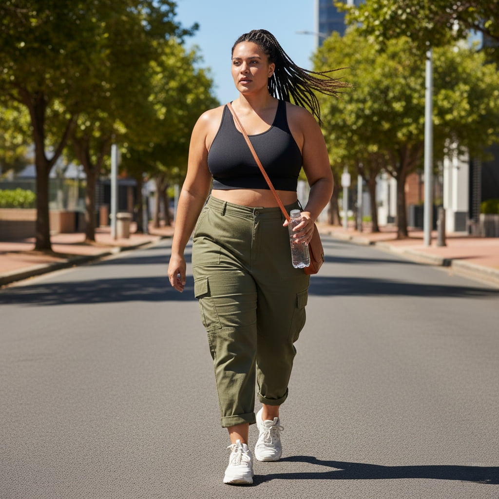 A supportive sports bra with drawstring cargos – roll the hems for ankle show. 
