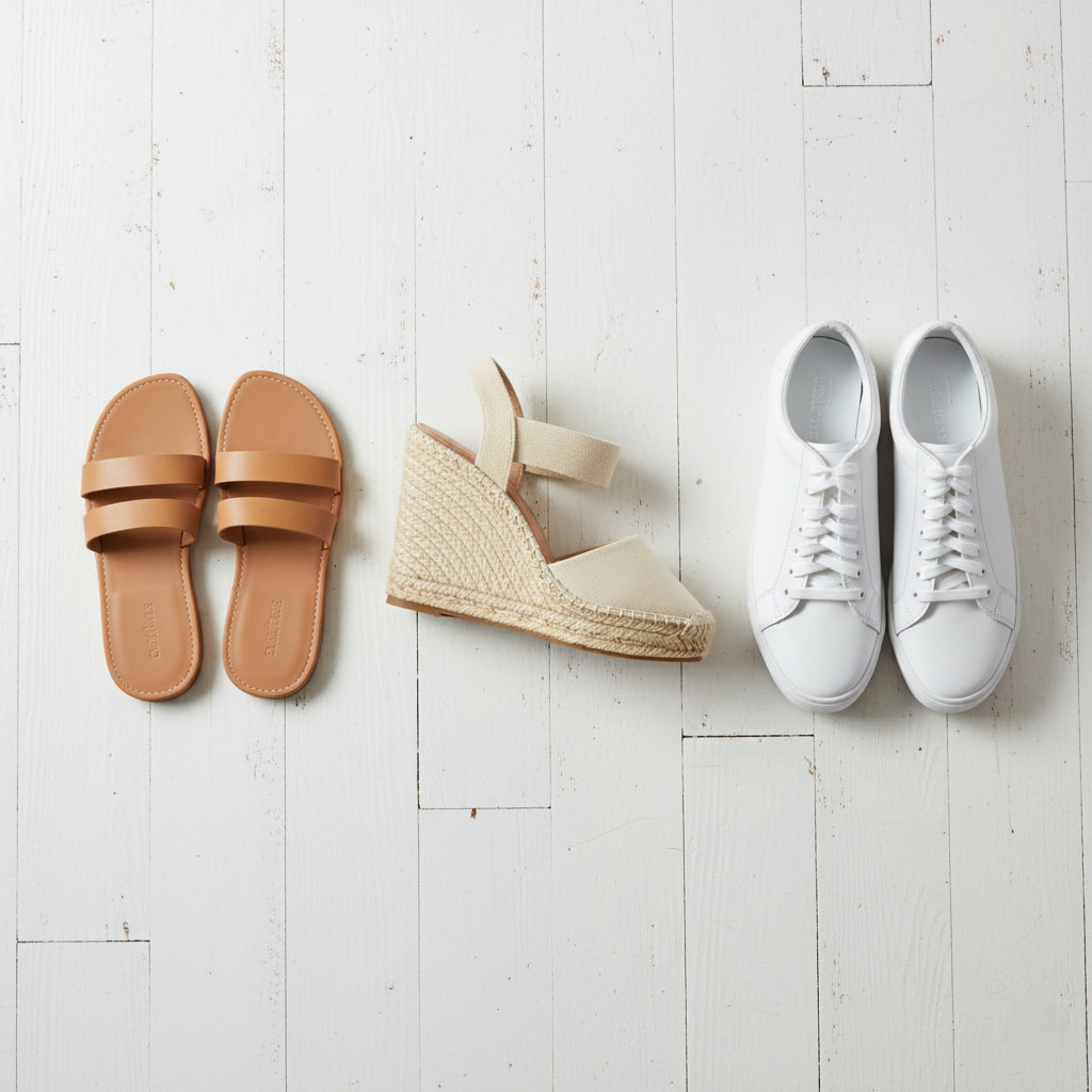 Essential summer footwear for women Australia - leather sandals espadrilles and white sneakers