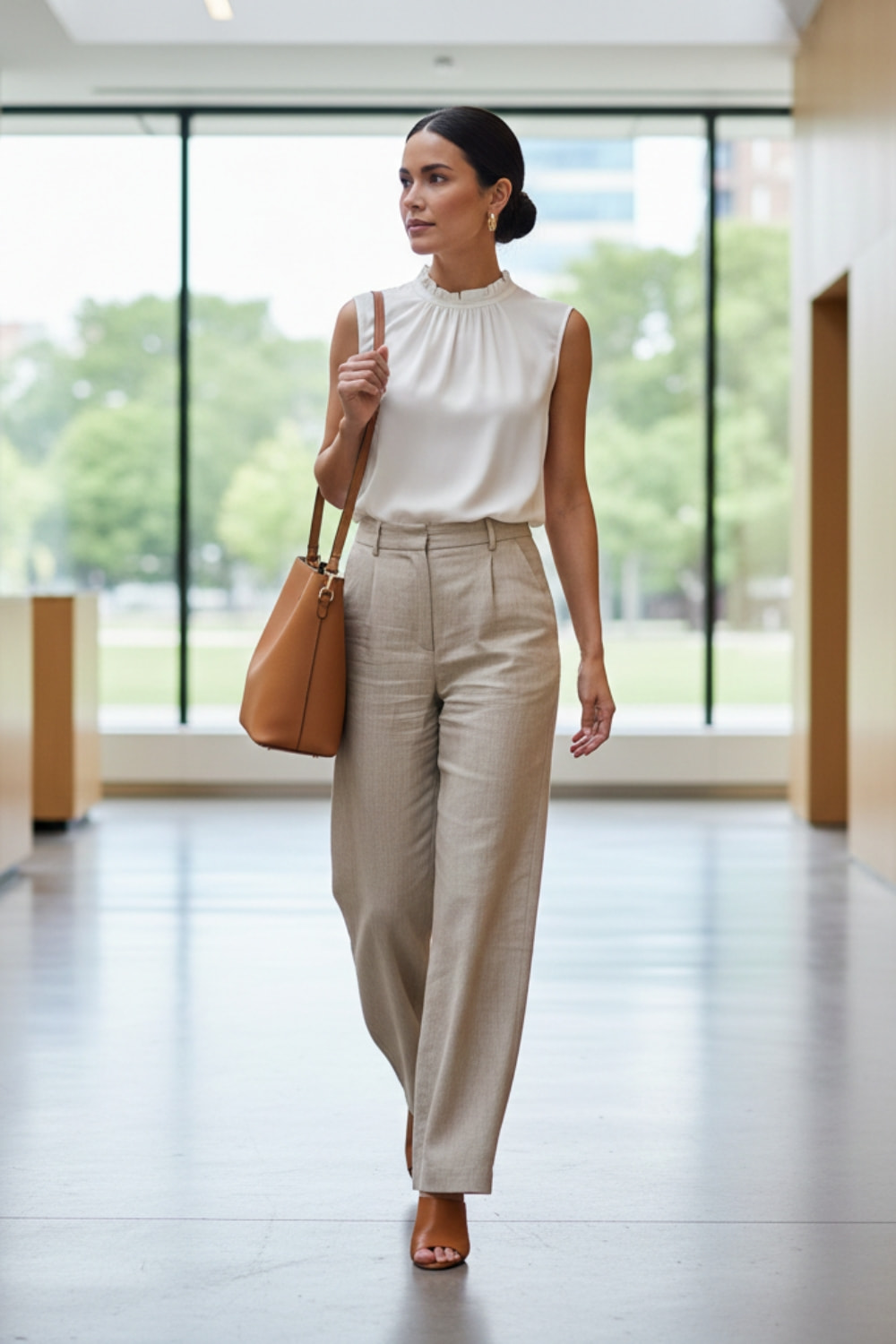Professional summer work outfit with linen trousers and sleeveless blouse - office wear for Australian women