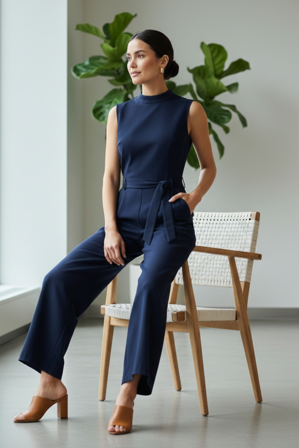 Navy tailored jumpsuit outfit with block heels - professional summer jumpsuit for Australian women