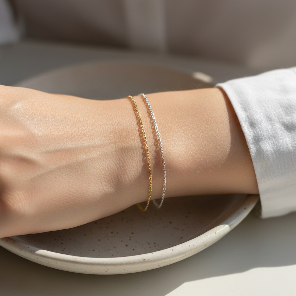 Thin chain bracelet minimal jewellery set layered on wrist for everyday elegant look