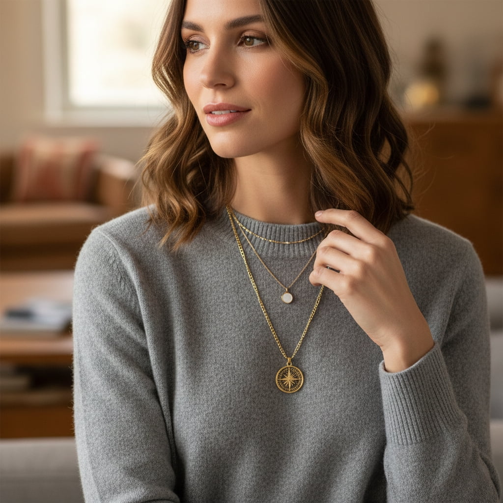 Three layered necklaces showing thin chain, charm pendant and statement piece combination