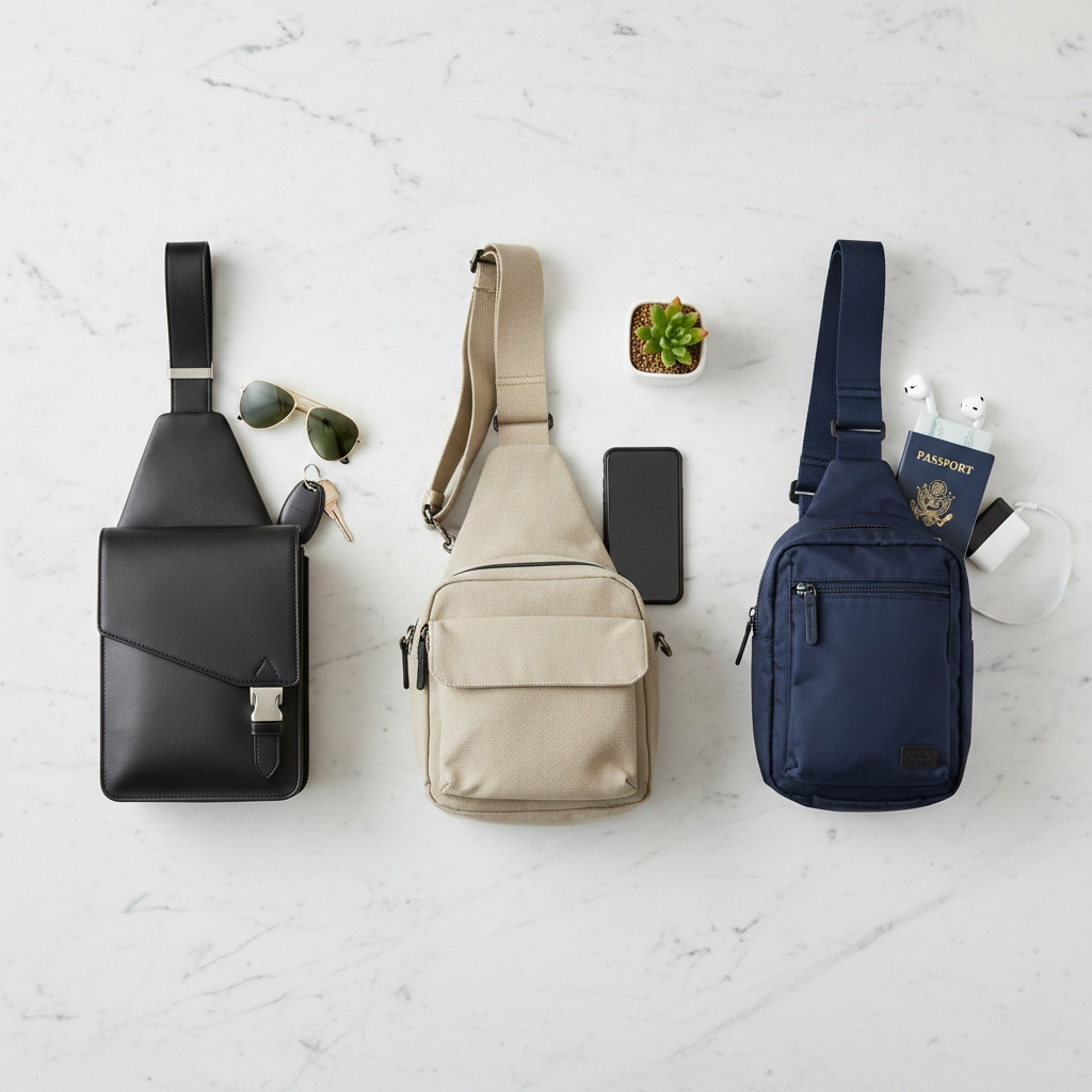 Three different types of women's sling bags comparing leather, canvas, and nylon materials