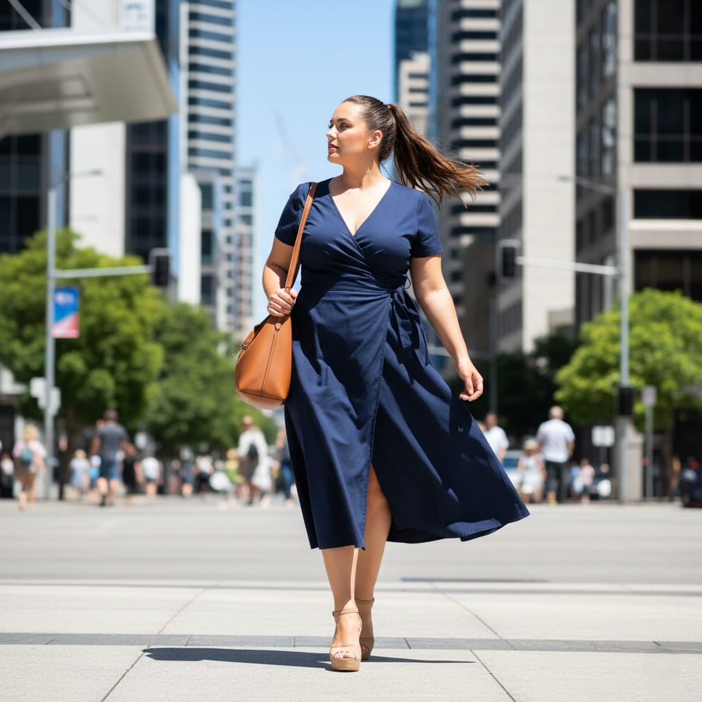 Flattering wrap midi dress wedges for plus size women – versatile work-to-play summer look in Australian cities.
