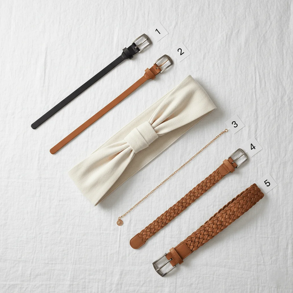 A styled flat lay of 5 essential women's belts numbered 1 to 5: black leather belt, tan skinny belt, wide OBI belt, gold chain belt, and braided woven belt — wardrobe essential belts for women