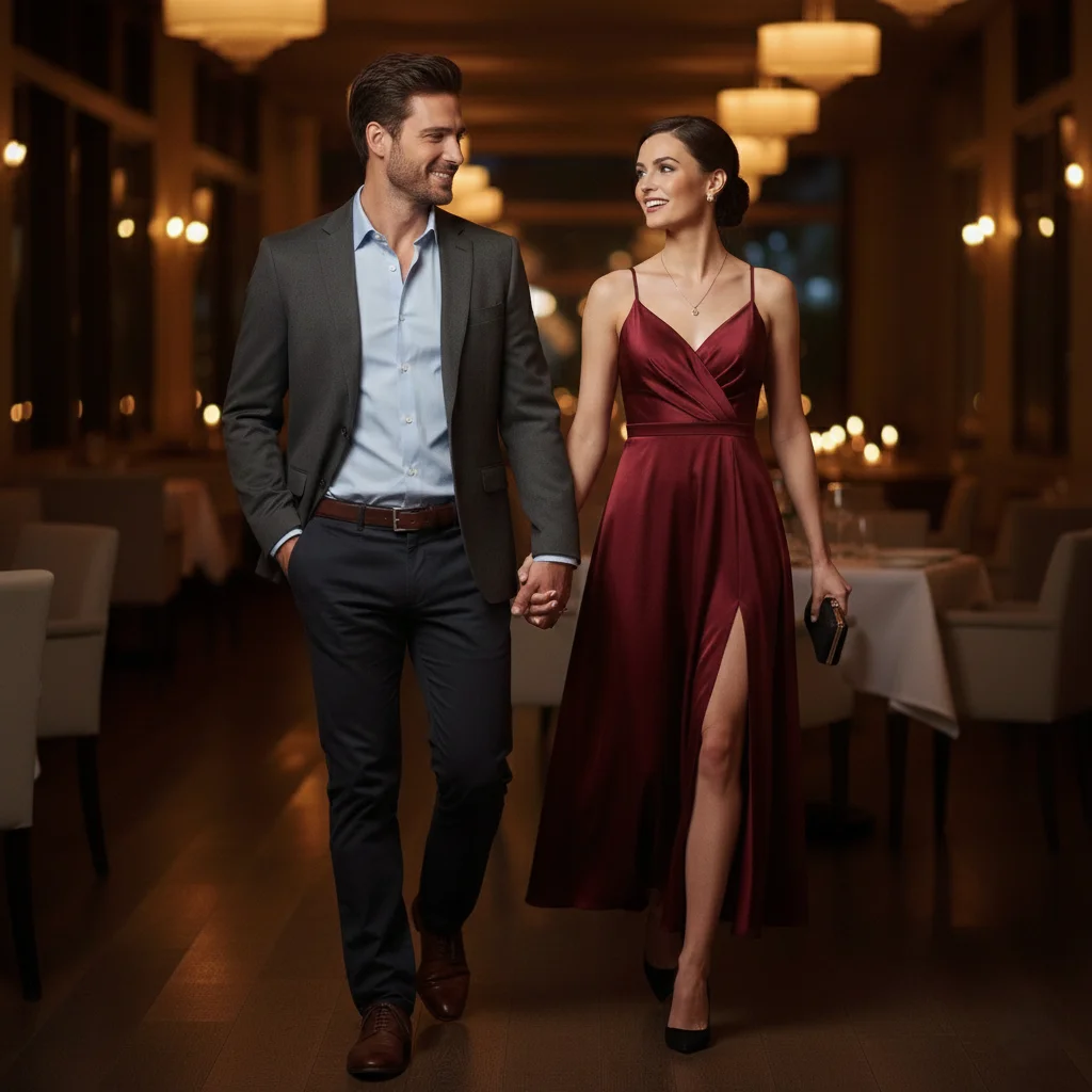 Woman wearing elegant burgundy satin dress Valentine's Day dinner outfit with gold accessories and heels. Man wearing smart casual Valentine's Day outfit with charcoal blazer and dress pants for dinner date.