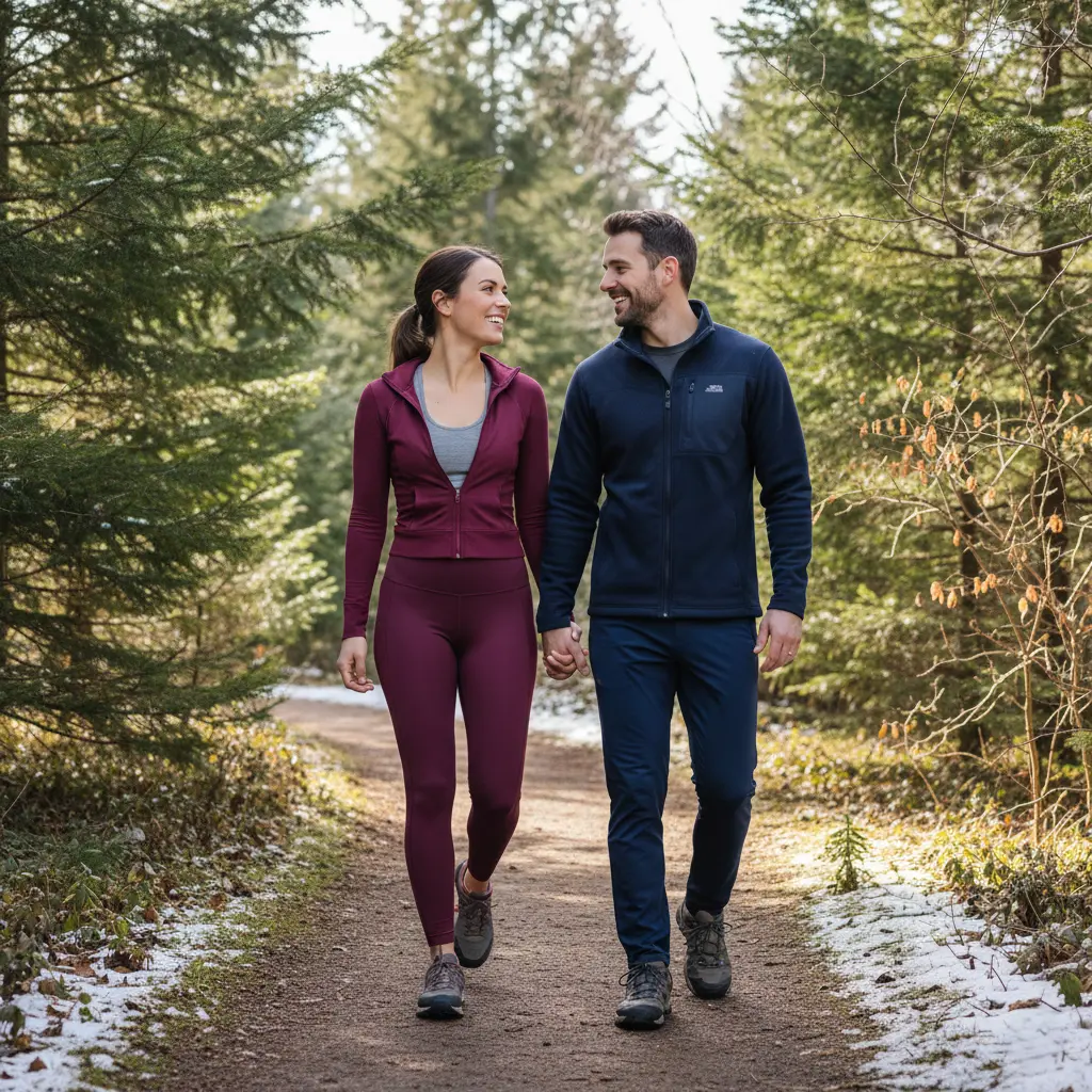 Couple wearing active Valentine's Day outfits in coordinated athletic wear for outdoor adventure date