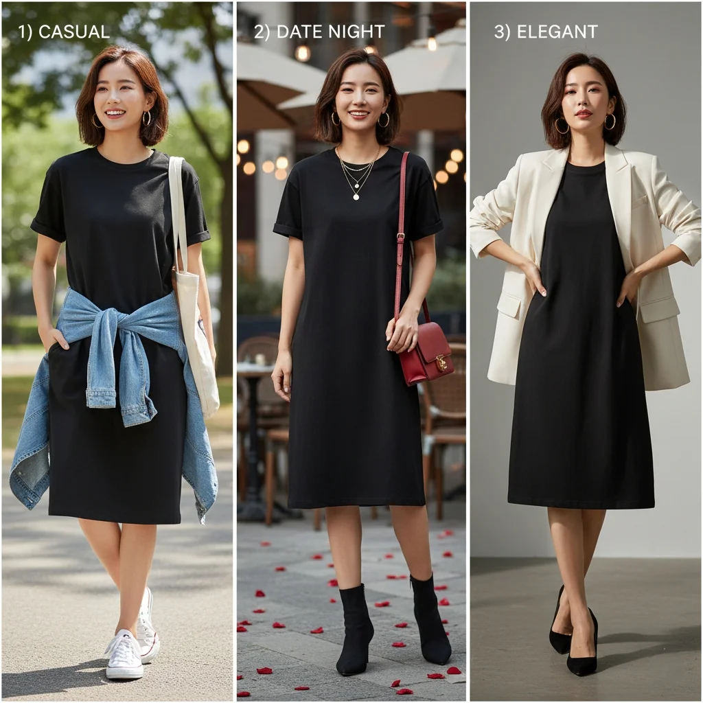 Affordable black Valentine's dress styled three ways showing budget-friendly outfit versatility
