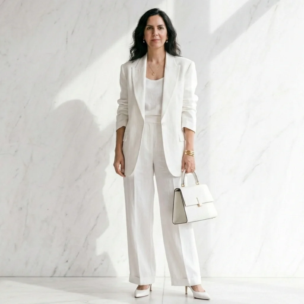 Woman in all-white linen blazer and wide-leg trousers with white heels — minimalist spring 2026 fashion trend for women