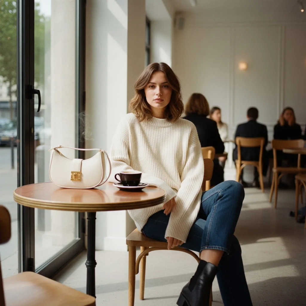 Woman in & Other Stories knit sweater and leather bag sitting in Parisian café — affordable high-street brand that looks expensive