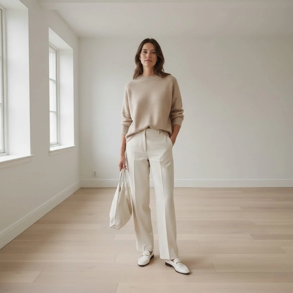 Woman wearing ARKET merino knit and wide-leg trousers in minimal Scandinavian apartment — quiet luxury affordable brand that looks designer