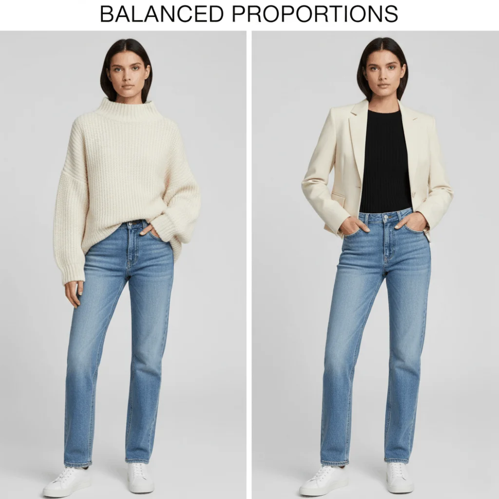 Balancing classic and contemporary fashion with oversized sweater and fitted jeans proportion styling