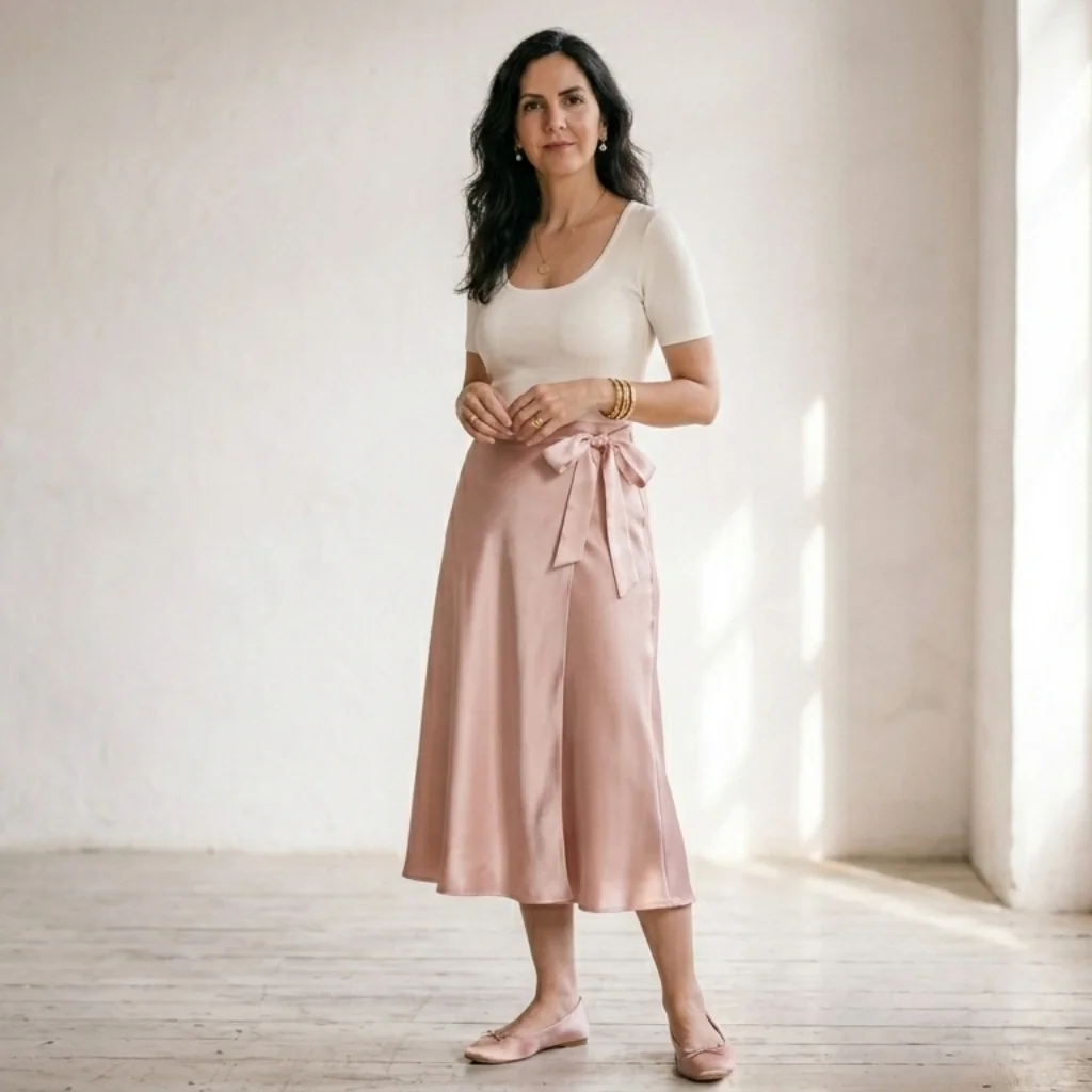Woman in blush pink satin wrap skirt and ballet flats — balletcore fashion trend for women spring 2026