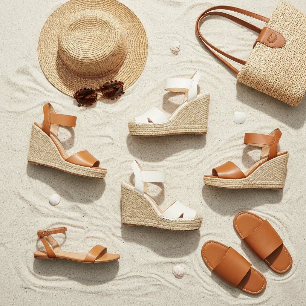 Collection of beach party footwear including flat sandals, espadrilles, and wedges for women