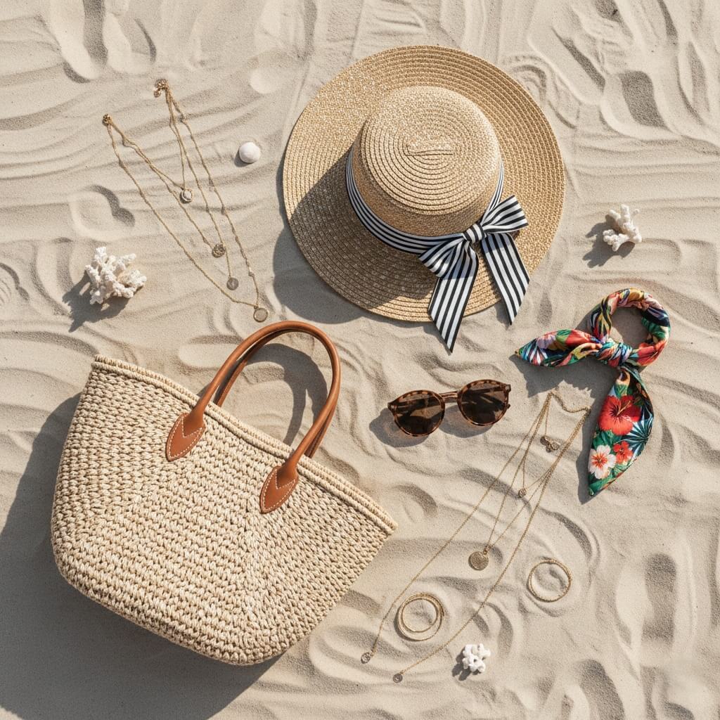 Beach party outfit accessories including straw hat, layered necklaces, sunglasses, and woven beach bag